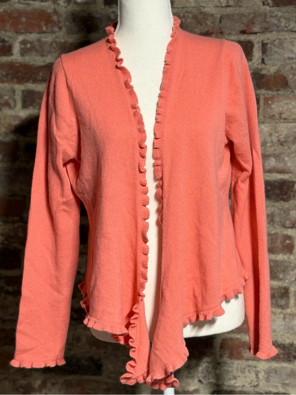 Garnet Hill 100% Cashmere Ruffle Open Front Cardigan Sweater Coral Pink Medium M